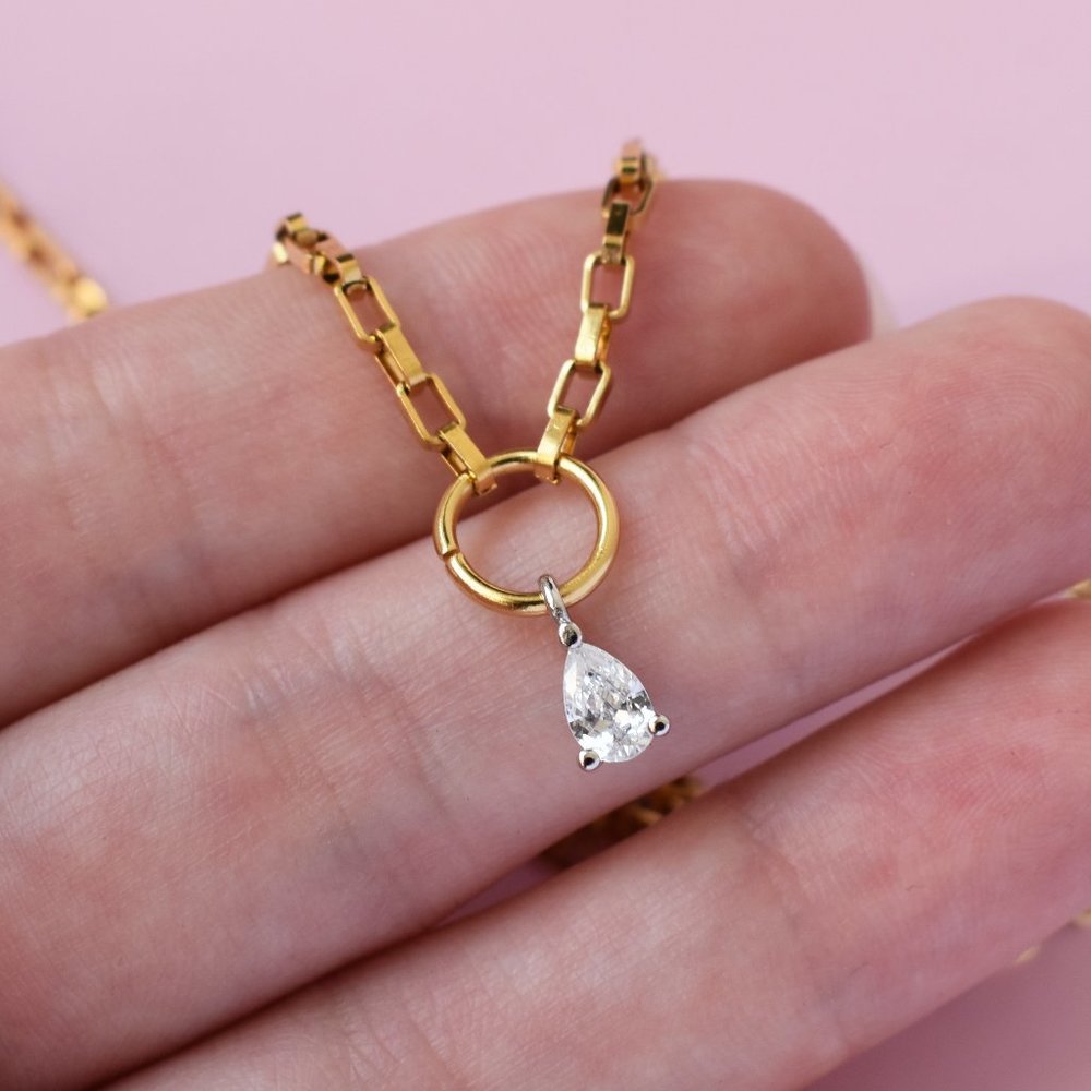 Clear crystal drop necklace, box chain charm necklace gold tone